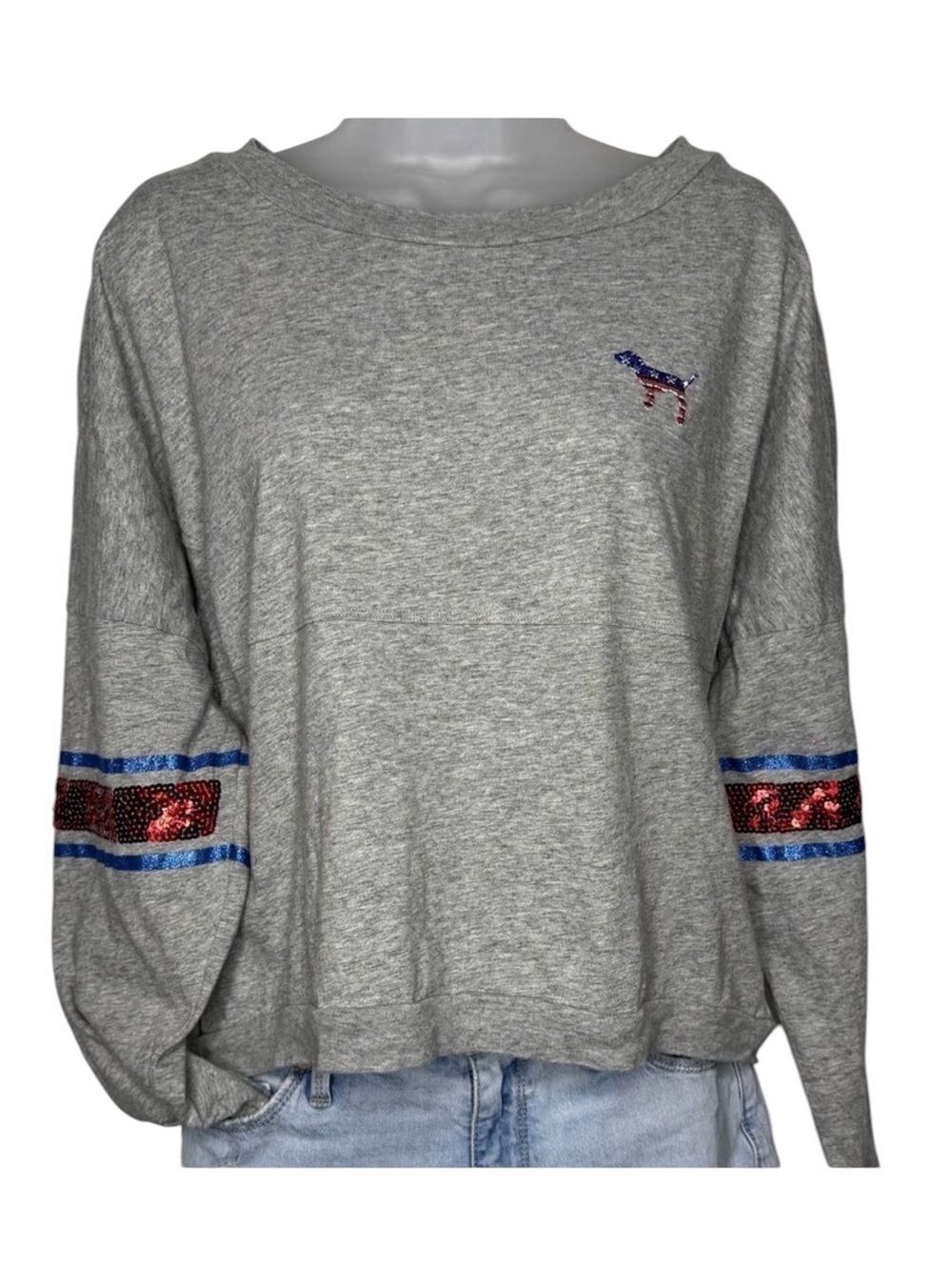 Victoria's Secret PINK “LOVE PINK” Sequin Patriotic Long-Sleeve Tee. Size Small - Picture 2 of 13